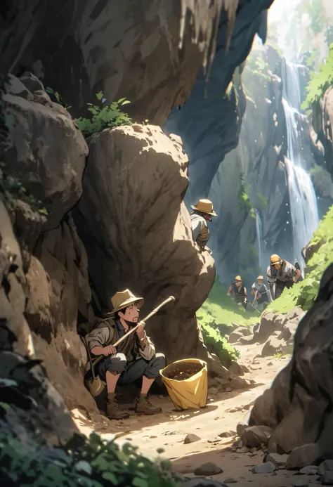 Prospectors dig for gold in cave on mountain