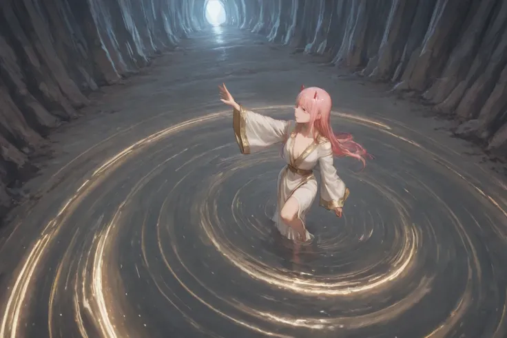 (masterpiece, Best quality, difference, 8K, 1080P, HD, colourful retro, toned down VFX (), emphasizing (linguistical movements, sensual context, immersive expression, physical curve), diversify majestical lighting, imaginative backdrop echo, enhance image colouring, glossier surface, natural bouncy chest, hair in style, high angle viewing full profile capture), an elated woman featuring zero two (zero two; detailed feature) in ((sheer holy robe) and gold long dress with exquisite silver pattern) is drown (shown upper body, shown one leg, bathing hand gesture) in a large outdoor hot springs (rock, bulbing water, steamy mist, panoramic view, cave, cliffside)