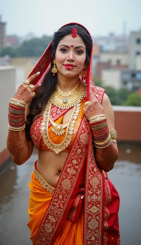 FULL BODY,in MEHANDI ON BOTH HAND AND LEGS ,nose ring, necklace, bangles on both hands, body chain,desi bride , rooftop , raining ,very long nails,deep cleavage, showing thighs,slit open saree, blouseless.