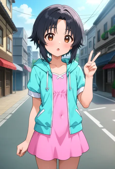 higurashikira, anime screencap, anime coloring, cowboy shot, 
1girl, solo, aged down, short female, toned female, black hair, short hair, parted bangs, short sidelocks, brown eyes, flat chest, 
open blue jacket, short sleeves jacekt, pink short dress, 
loo...