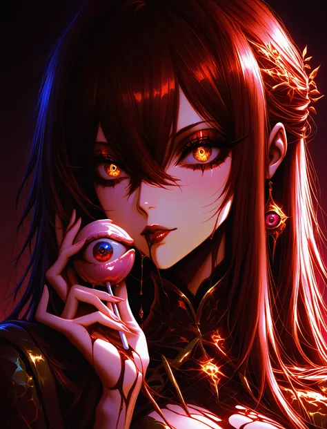 1 girl , golden eyes , very long hair , long sidelocks, red hair ,half updo, petite , very cute , beautiful ,Straight hair, cool, handsome, hair between eyes, sexy, medium breasts , surreal horror, glowing golden eyes, intense pink and red makeup with exag...