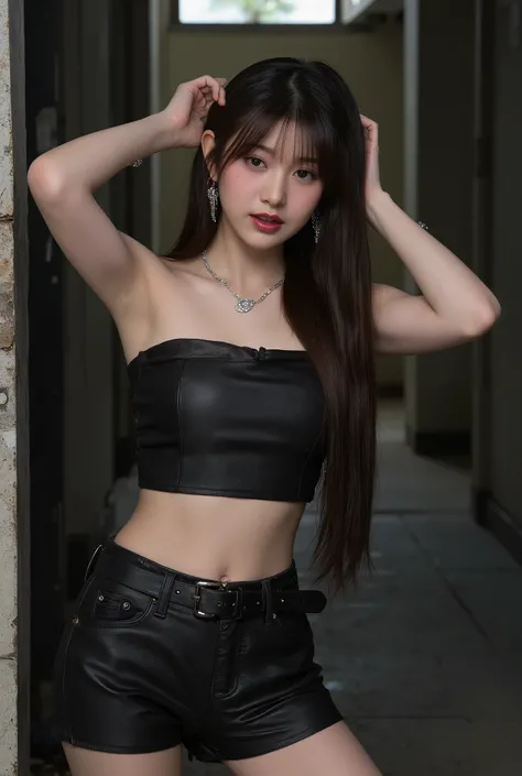 Korean girl 18 years old, light brown hair, long hair, farrah hair, sexy curvy body figure, large breast, silver hoop earing, Chain necklace, Chain bracelet, wearing black leather strapless cropped, black mini leather shorts, black leather belt Black knee-...