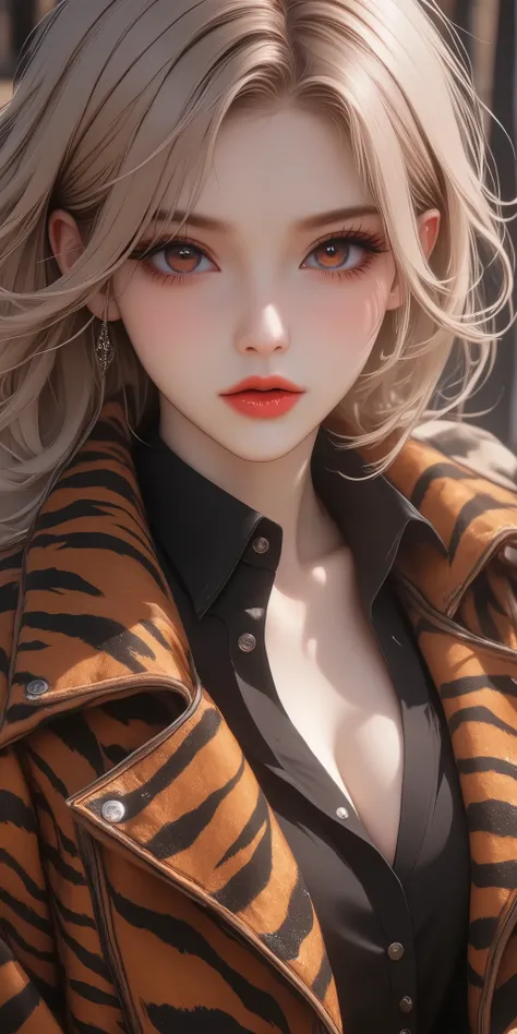 A half body, face and body facing front, award winner, sexy beauty, shiny silky pure hite hair, amorous and lewd expression, captivating shining red eyes, sexy red wet lips, superlative body proportion, wearing insane detail cool long coat made of iridesce...