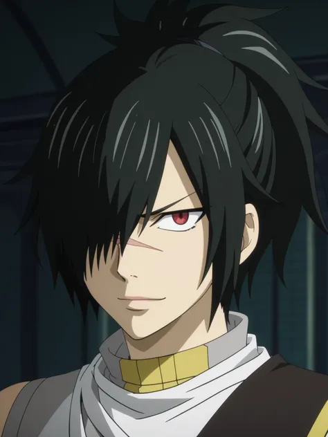 rogue_cheney, black hair, red eyes, hair over one eye, scar tattoo close-up, official style, ((anime screencap)), 8K, extremely detailed, 1boy, solo, looking at viewer, black background , shadow  , atmospheric perspective , intricately detailed , depth of ...