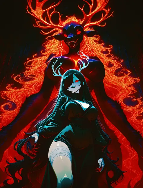 1girl, Kuroki Monika, black hair, very long hair, hair over right eye, red eyes, large breasts, (petite but curvy, very cute), monster girl, giant girl, deer monster, blindfolded, wearing bandages, pale skin, very long hair, stringy hair, fangs, unnaturall...