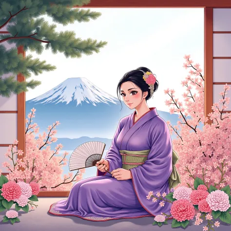 illustrations、Anime、A beautiful 45 year old woman is sitting、purple kimono、Japanese Woman、Japanese-style room、pine tree、meters. Fuji、 beautiful flowers 々 、Floral fan、 Has big breasts 、