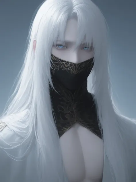 Male. Long White Hair with Eye-covering Bangs. Beautiful, slightly feminine face. Black & gold embroidered mouth mask. Crystal pale light-blue Irises. Pale White Skin. Black & Gold Noble Garments (magus robes type). Fully dressed (no exposed skin). Cold Ex...