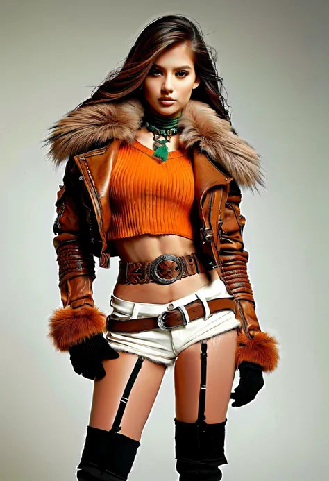 A hyper-realistic portrait of a young woman's upper body, clad in a rugged brown leather jacket with a luxurious fur-lined collar and cuffs, layered over a vibrant orange ribbed crop top. A brown belt cinches at her waist, adorned with an intricately desig...