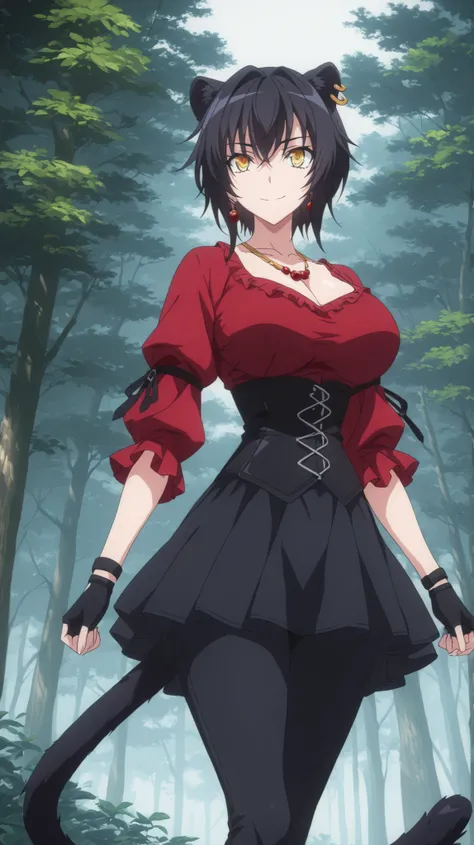 absurdres, (((Ultra HD))), (((Ultra High Quality))), ((hyper detailed)), ((Ultra High Resolution)), (Highly rendered), ((detailed eyes)), (((8K))), ((perfect face)), ((masterpiece)), cinematic, solo, 1girl, smile, short hair, black hair, yellow eyes, red j...