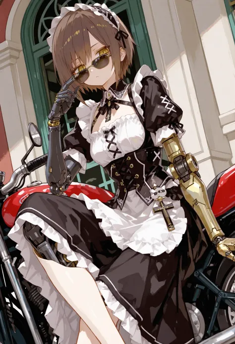 Maid Outfit。brown hair short hair。motorcycle。mechanical arm joint。 yellow eyes。machine body。sideways bike。armor。Action。Gothic Street 。sunglasses。Gauntlet。 Long Skirt。cross legs