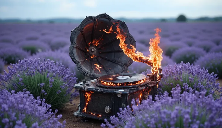 high quality, 8K ultra HD, A burning phonograph, placed in the middle of a lavender field, with the needle still spinning on a charred disc.