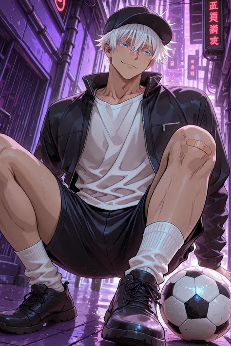 1man, adult, male focus, gojou satoru, jujutsu kaisen, white hair, short hair, ((hair between eyes)), colored eyelashes, white eyelashes, blue eyes, intricate eye iris, detailed eyes, muscular male, sexy man, handsome man, handsome face,  Band-Aid on the n...