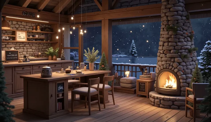 Cozy cabin with fireplace, không có cây Giáng sinhThe scene depicts a Cozy cabin with fireplace, without a rustic cafe Christmas tree, overlooking a beautiful Tranh sơn dầu và acrylic trên vải, một căn bếp của nhà bà ngoại vào ban đêm. Cảnh được dựng theo ...