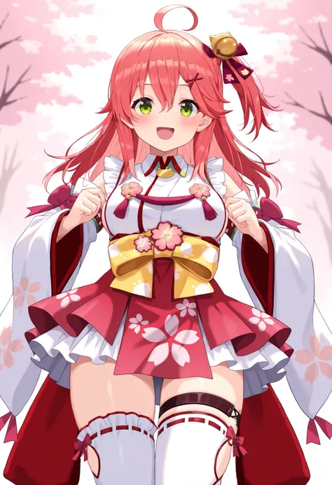 masterpiece, best quality, highres, miko1, sakura_miko, young__1girl, large_breasts, solo, ahoge, x_hair_ornament, light_red_hair,blush, floral print, hairclip,(side_less_clothes:1.5), side_breasts, hair_bell, floral print, long_hair, hair between eyes, on...