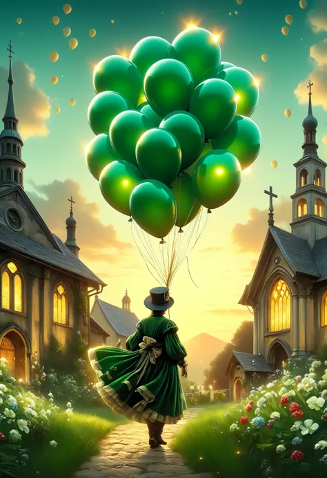 Fluorescent Horizon, cg graphic illustration, Luminism,
 This image features a celebration scene with a woman Leprechaun character dressed in green, reminiscent of St.. Patrick&#39;s Day.  The character has 3 balloons : 2 gold and 1 green .  He has a green...