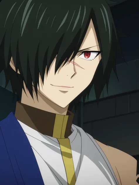 rogue_cheney, black hair, red eyes, hair over one eye, scar tattoo close-up, official style, ((anime screencap)), 8K, extremely detailed, 1boy, solo, looking at viewer, black background , shadow  , atmospheric perspective , intricately detailed , depth of ...