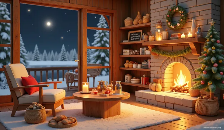 Cozy cabin with fireplace, không có cây Giáng sinhThe scene depicts a Cozy cabin with fireplace, without a rustic cafe Christmas tree, overlooking a beautiful Tranh sơn dầu và acrylic trên vải, một căn bếp của nhà bà ngoại vào ban đêm. Cảnh được dựng theo ...