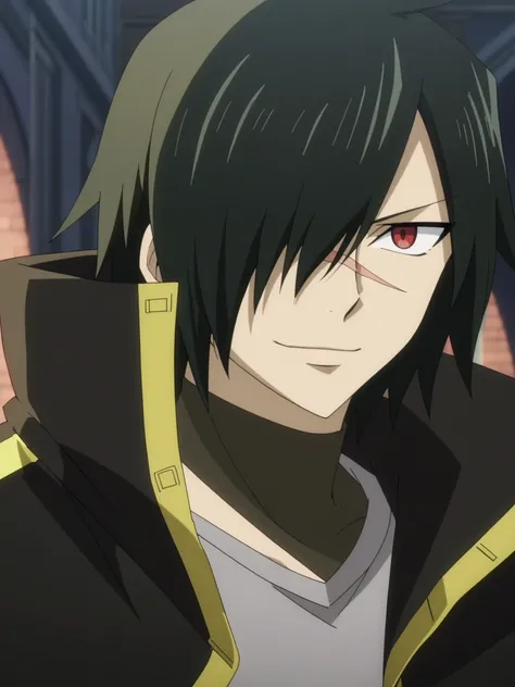 rogue_cheney, black hair, red eyes, hair over one eye, scar tattoo close-up, official style, ((anime screencap)), 8K, extremely detailed, 1boy, solo, looking at viewer, black background , shadow  , atmospheric perspective , intricately detailed , depth of ...