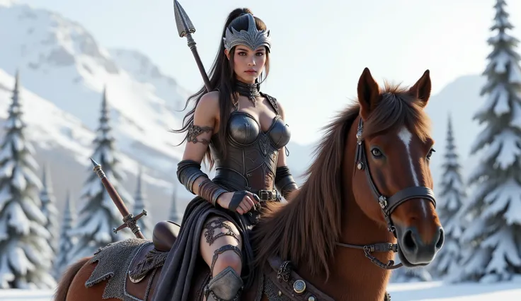 [ style: "Masterpiece, realista, (Photorealistic), ultra detailed, Hyper-High Resolution"] of a very beautiful TATAR WARRIOR, sexy, of 30 years old, mounted on a beautiful dark brown horse. The warrior appears in the image a little sideways looking in fron...
