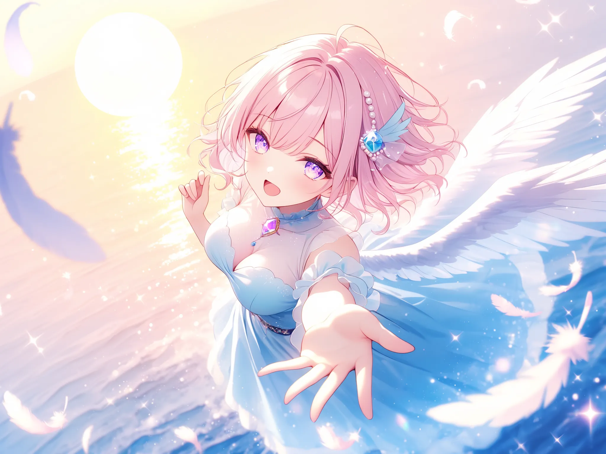 1 girl, violet eyes, light pink hair, short hair, cool, beautiful, medium breast, very cute, lovely, kawaii, solo, best quality, beautiful fingers, wavy hair, sleepy, harpy, singing, (open mouth), reaching towards viewer, looking up, looking at viewer, fan...