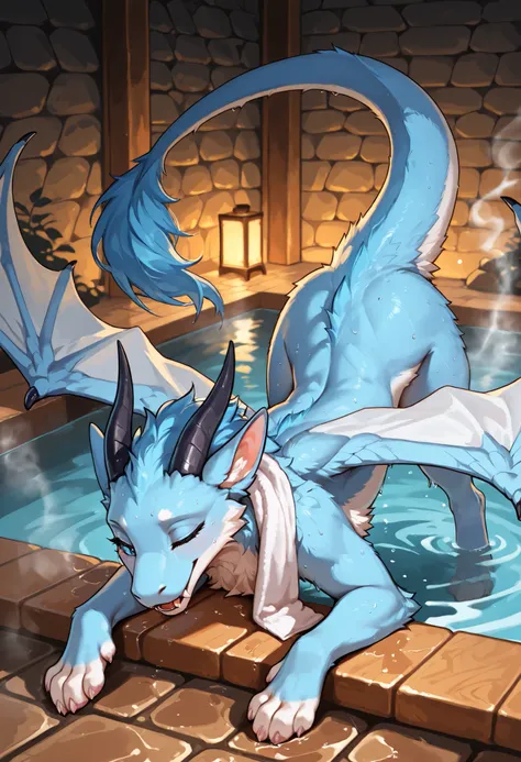 score_9, score_8_up, score_7_up,masterpiece, best quality, Darra, solo, ((feral)),furred dragon, female, white and blue fur, wings, horns, tail, chest fluff, paws, fangs, ton back,blue eyes, (((naked))), slender body, hot spring, in the pool,  closed eyes,...