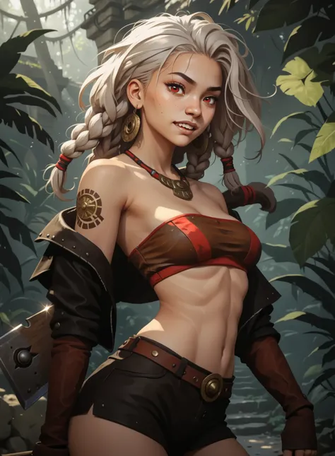 Slender body. Cute 18-year-old Aztec girl with Asian red eyes and sharp teeth and dreadlocks with white highlights. She has a cute and beautiful face. She has a round and young face with a pointy chin. Her body is athletic with abs. She wears medieval an i...