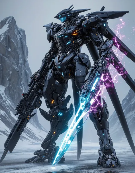 Black metal-colored mecha with a total height of 120 meters, Hologram Colorのライン. Black Top, cyan left arm, Purple and blue arc discharge at each joint, Black head and black legs. Antarctica. Hyper futuristic art deco psycho system mecha, powerful and elega...