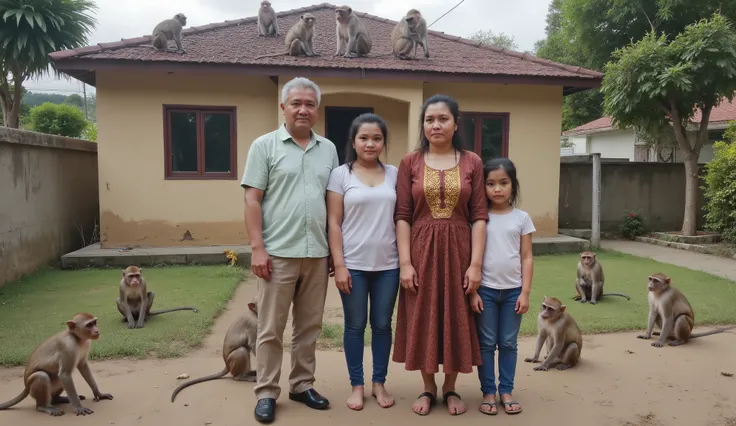 Scene shows exactly four Indonesian people standing together in front of their house, during daytime.
— One man: the father, 9, with short grey hair, wearing a long-sleeve shirt and trousers.
— One woman: the mother, 7, wearing a traditional blouse and bat...