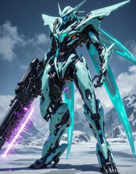 Turquoise metal-colored mecha with a total height of 120 meters, Hologram Colorのライン. Black Top, cyan left arm, Purple and blue arc discharge at each joint, Black head and black legs. Antarctica. Hyper futuristic art deco psycho system mecha, powerful and e...