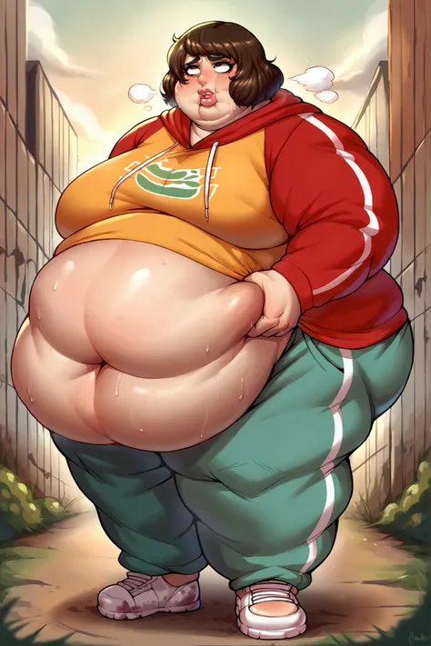 saday0def, short hair, brown hair, brown eyes, hoodie, sweatpants, shoes, giant hands, giant feet, fat, chubby, obese, gigantic arms and legs, gigantic breasts, sagging breasts, full body shot, fat face, chubby face, double chins, big lips, swollen lips, s...
