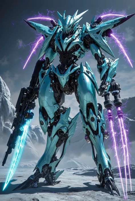 Turquoise mirrored body with a total height of 120 meters, Hologram Colorのライン. Black Top, cyan left arm, Purple and blue arc discharge at each joint, Black head and black legs. Antarctica. Hyper futuristic gothic psycho system mecha, powerful and elegant b...