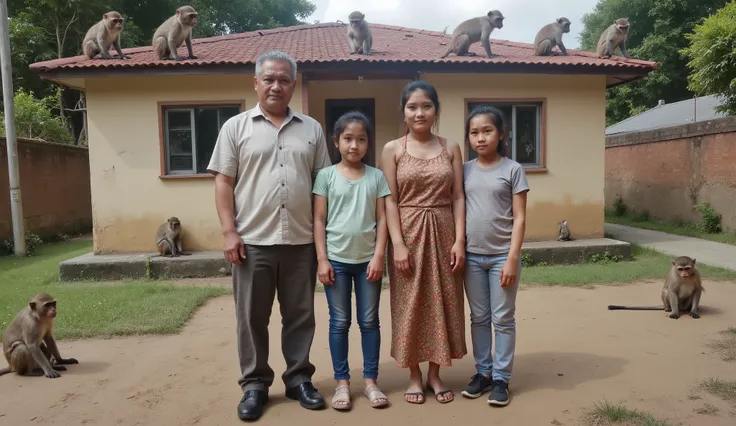 Scene shows exactly four Indonesian people standing together in front of their house, during daytime.
— One man: the father, 9, with short grey hair, wearing a long-sleeve shirt and trousers.
— One woman: the mother, 7, wearing a traditional blouse and bat...