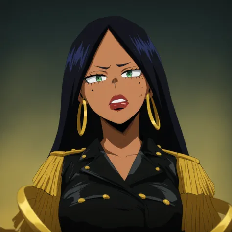 masterpiece, best quality, looking at viewer, 1girl, green eyes, long black hair, tan skin tone, red lip gloss, gold hoop earrings, black leather jacket, moody expression, 1 mole on right cheek, filipino-brazilian, boku_no_hero_academia_style,
