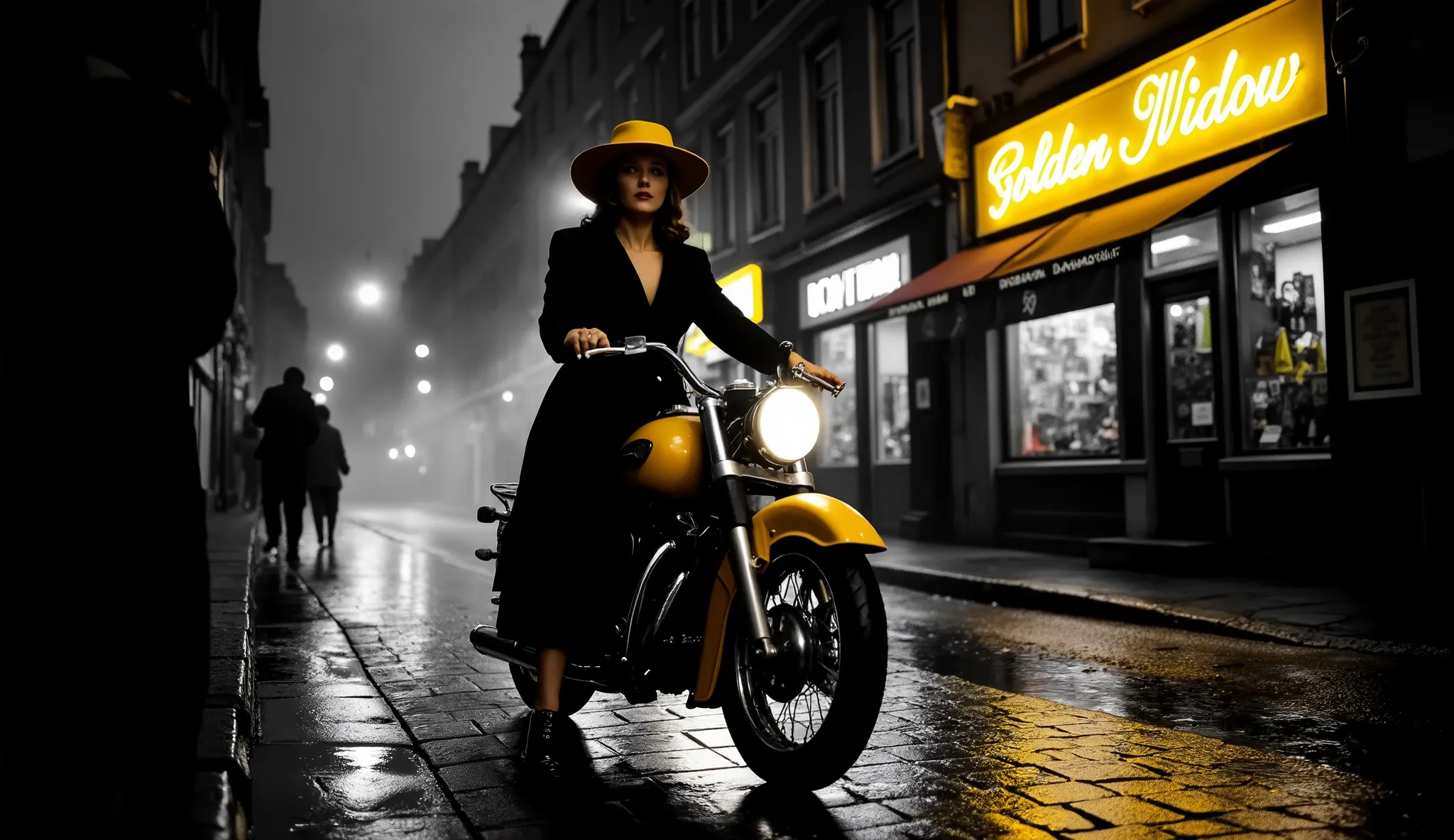 A cinematic night scene on a narrow European street. A mysterious woman in a long black coat and a wide-brimmed yellow hat rides a vintage yellow motorcycle straight towards the camera. The setting is noir-style: a black and white cityscape with only the m...