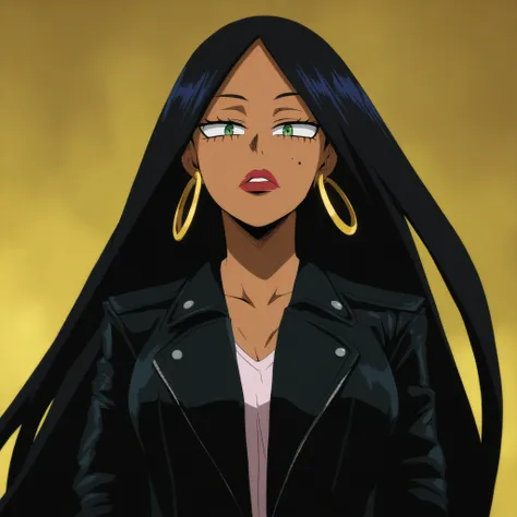 masterpiece, best quality, looking down at viewer, 1girl, green eyes, long black hair, tan skin tone, red lip gloss, gold hoop earrings, black leather jacket, 1 mole on right cheek, filipino-brazilian, boku_no_hero_academia_style,