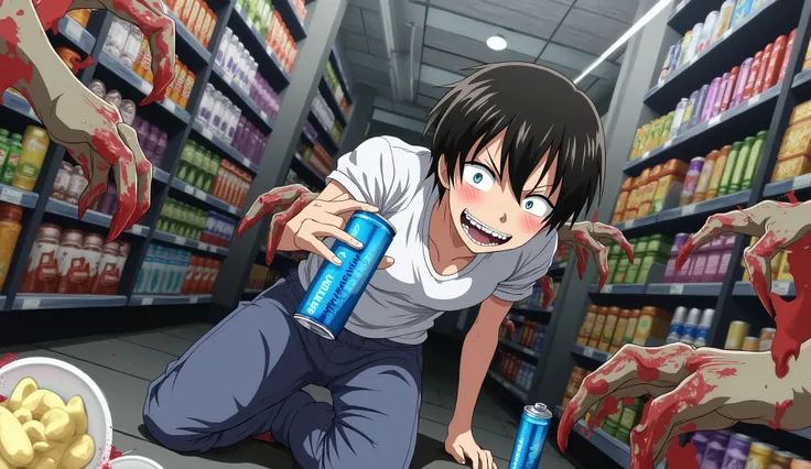 Anime style male protagonist laughing maniacally while sitting on the floor in a supermarket surrounded by zombies, holding a blue energy drink, dramatic lighting, bloodstained zombie claws, chaotic post-apocalyptic atmosphere, colorful food shelves in the...