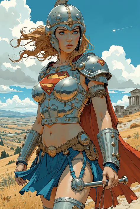 This supergirl carries a beautiful supergirl armour, inspired by antique Greek hoplites. Casque de hoplite grecque. . ((Greek armor)). Splendor grecque antique. ((Big breasted)). ((Sexy))