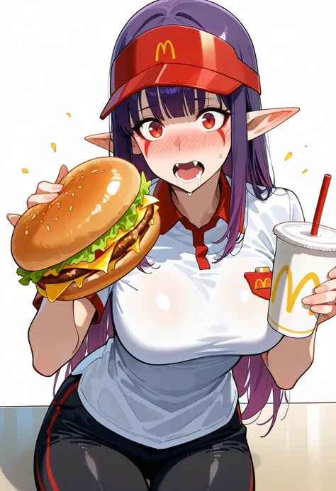 Esil Radiru, 1girl, pointy ears, solo, phantasy star, purple hair, red eyes, open mouth, long hair, fangs,, embers, facial mark,,,, bangs,, sidelocks, simple background, wideeyed,, tongue, teeth,, facepaint,, hair behind ear,, large breasts, tattoo, fang, ...