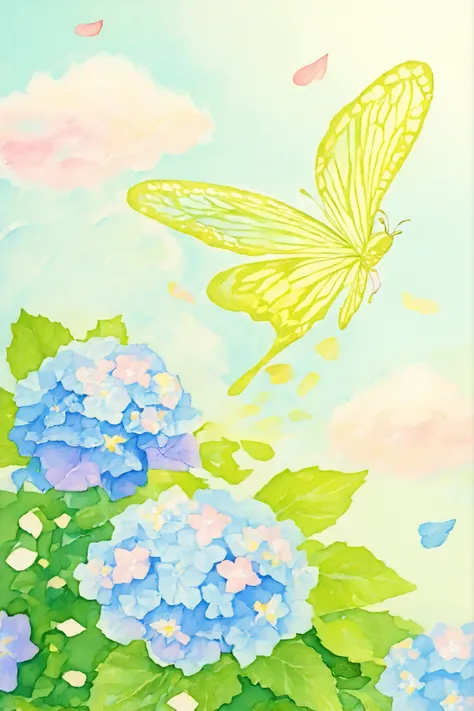 Minimalism, pastel colors,  sketch style, watercolor pencil drawing , colorful, 

1girl, solo, Focus on wings,  from side, Wide Shot, looking up at the sky, Butterfly Wings,  petals, falling  petals, Flower Trim, Butterfly Wings on the back, Hydrangea-like...
