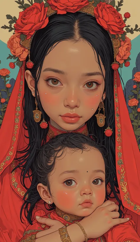 Taken from above、fisheye lens、Close up of a beautiful Indian woman in a red national costume holding a baby,  Very Futuristic  ,floral decoration futuristic art,