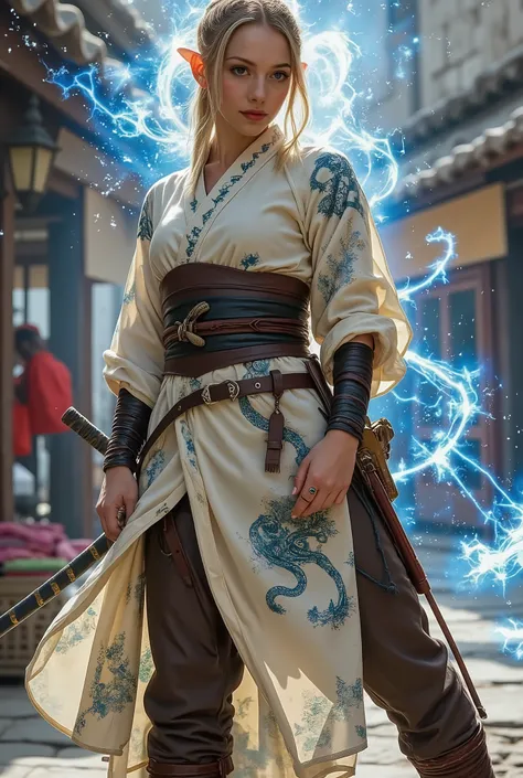 D&D character art. athletic slender female elf with pointy elven ears. She has l1ly face. blue Celtic runes paintet on all visible skin and face, she is 160 centimeters in Hight, big blue eyes, long wild blond hair with site cornrows. wearing pale white ro...