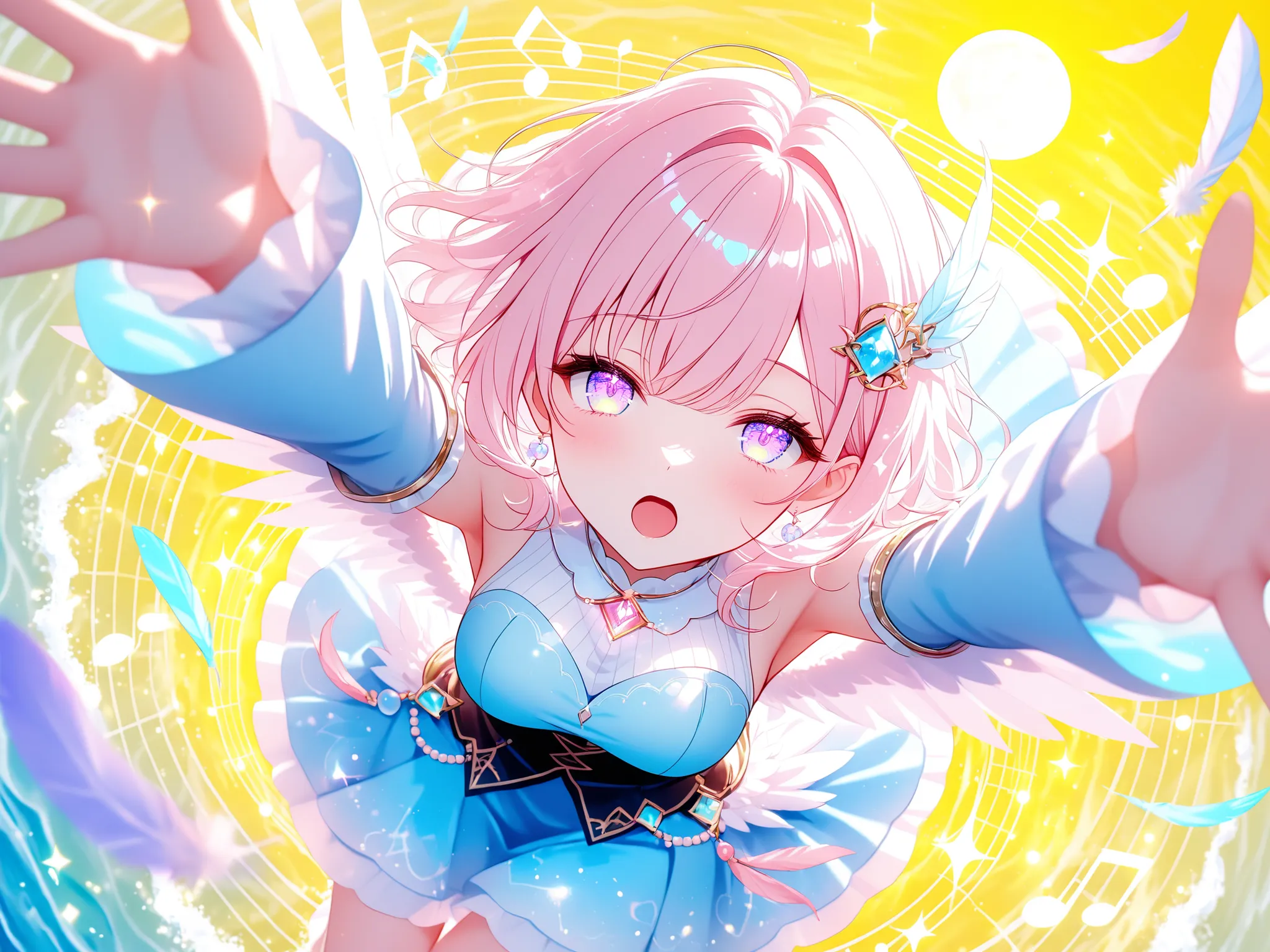 1 girl, violet eyes, light pink hair, short hair, cool, beautiful, medium breast, very cute, lovely, kawaii, solo, best quality, beautiful fingers, wavy hair, sleepy, harpy, singing, (open mouth), reaching towards viewer, looking up, looking at viewer, fan...