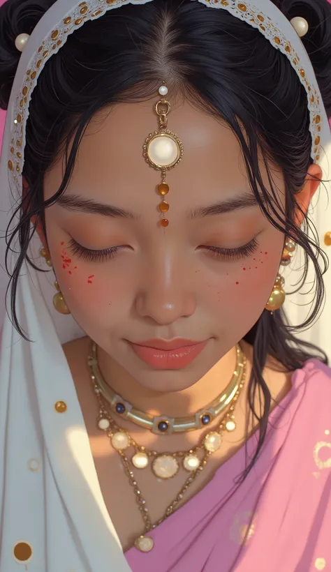 Taken from above、fisheye lens、Close up of a beautiful Indian woman in a white and pink dress holding a baby,Show Forehead、Bindi、 bundles his hair、Close your eyes and smile kindly、Warm Light、Futuristic Art,
