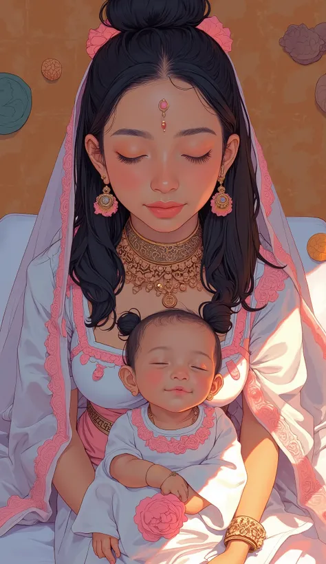 Taken from above、fisheye lens、Closeup of a beautiful Indian woman in a white and pink dress holding a baby,Show Forehead、Bindi、 bundles his hair、Close your eyes and smile kindly、Warm Light、Futuristic Art,
