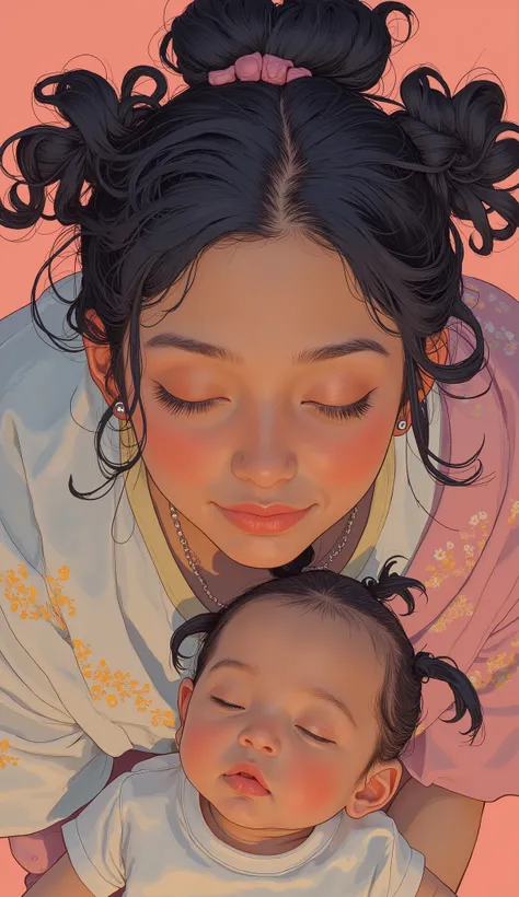 Taken from above、fisheye lens、Closeup of a beautiful Indian woman in a white and pink dress holding a baby,Show Forehead、Bindi、 bundles his hair、Close your eyes and smile kindly、Warm Light、Futuristic Art,