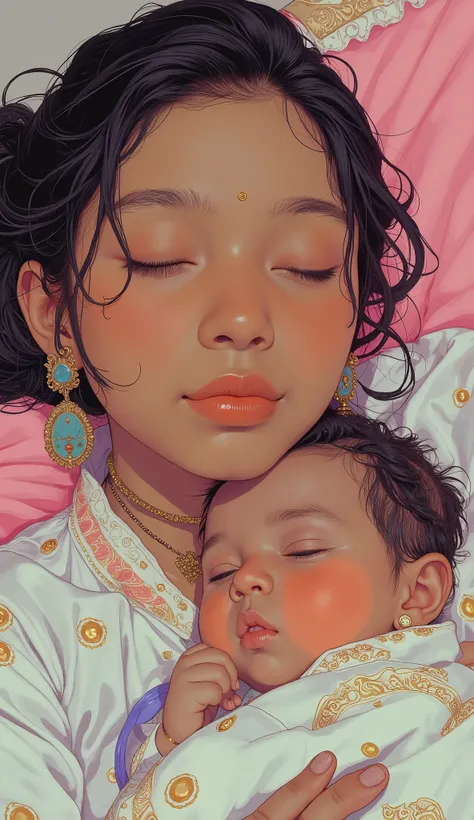 Taken from above、fisheye lens、Closeup of a beautiful Indian woman in a white and pink dress holding a baby,Show Forehead、Bindi、 bundles his hair、Close your eyes and smile kindly、Warm Light、Futuristic Art,