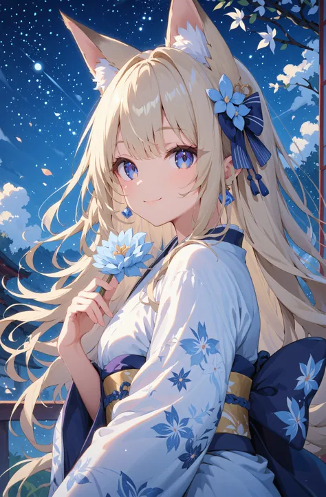 masterpiece、Concept Art、(very detailed)、 (((masterpiece、Highest Quality))) 、Girl 1、night、starry sky、Moonlight:1.2、(fox ear、platinum blonde、long hair、 kimono)、( soft smile ) 、Standing picture
