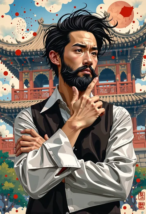 Asian man, against the background of the oriental pavilion, thoughtful look, expressive facial expressions, anatomically correct hands, finely stylized hair, beard, proportional body, interesting dynamic pose, complex composition, the finest detail, restra...