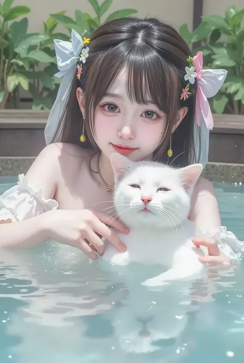 1 girl playing with a cat,Open-air bath,Get only your face out of the hot water,Smiling,Steam bath