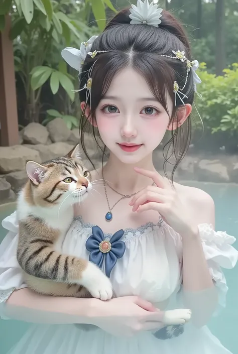 1 girl playing with a cat,Open-air bath,Get only your face out of the hot water,Smiling,Steam bath